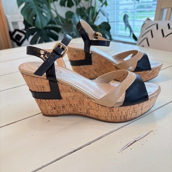 Guess Shoes - Guess Cork Platform Wedge Sandals Women’s Size 7.5 Black and Tan